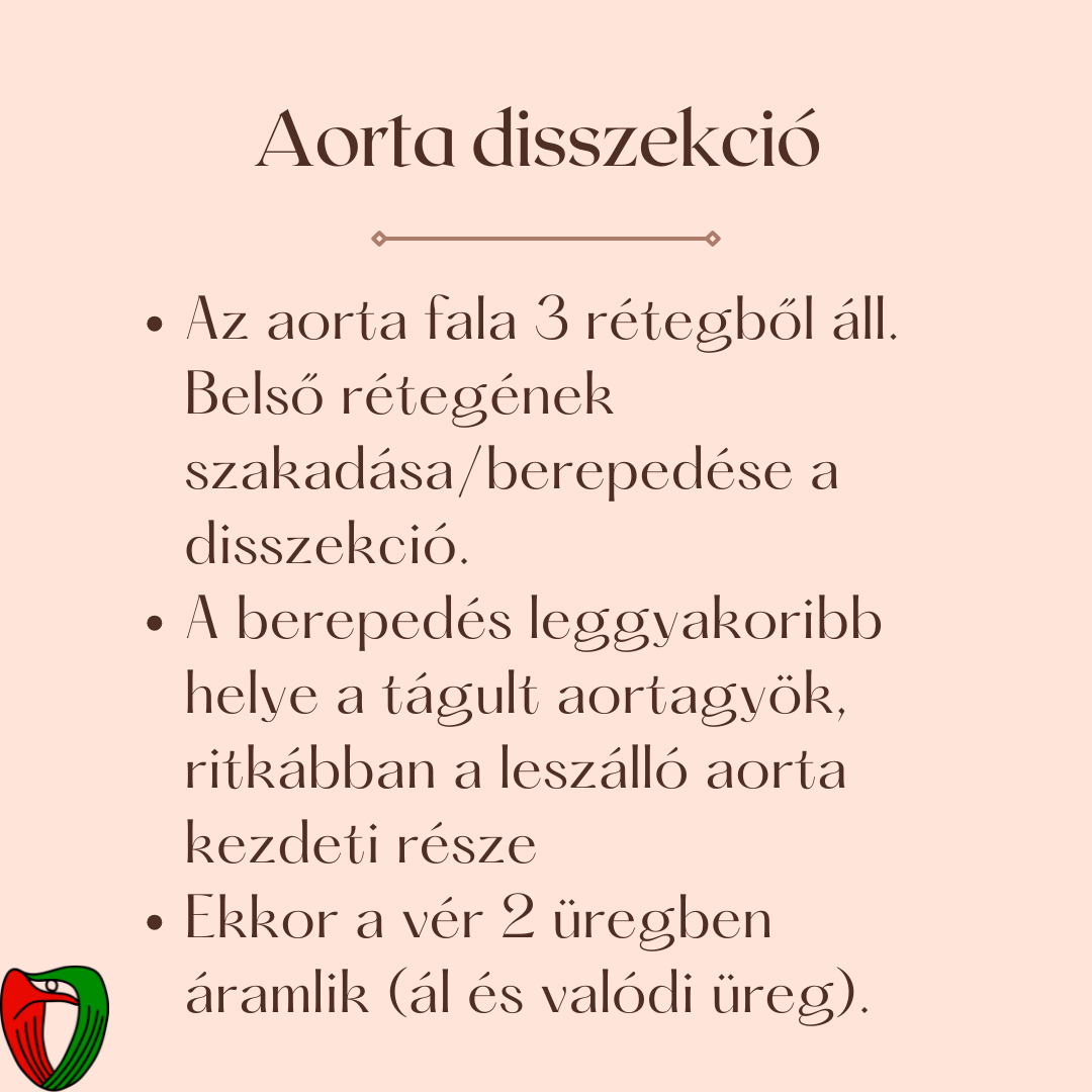 A Marfan-szindr�m�hoz k�thet� aorta �rintetts�g legs�lyosabb form�ja az aorta disszekci�, melynek sor�n az aortafal bels� r�teg�n keletkezett reped�sen kereszt�l v�r ker�l az aortafal r�tegei k�z�.
