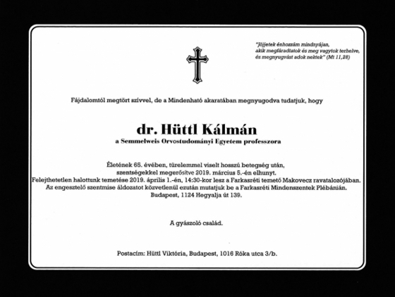 Prof. Dr. Hüttl Kálmán gyászjelentése